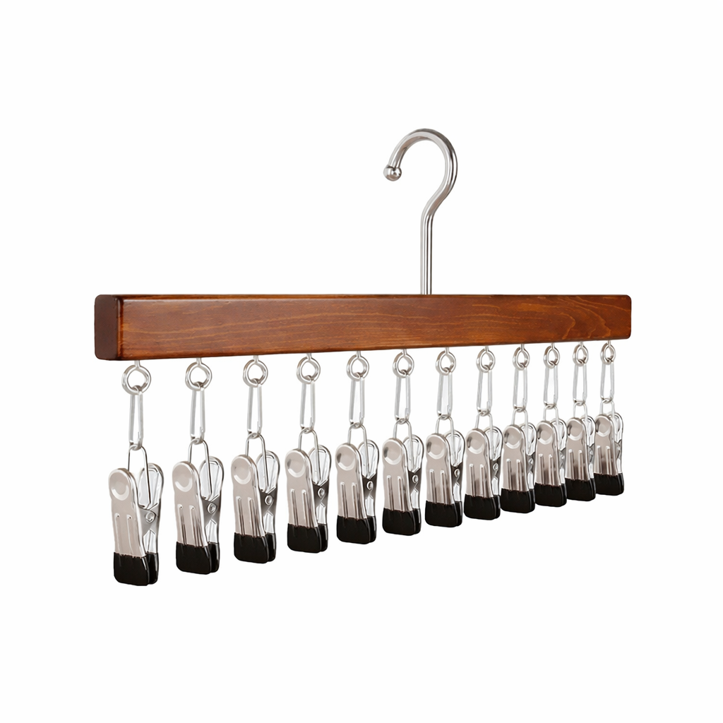 Wood Clothes Hanger Organizer with 12 Hanging Metal Clips