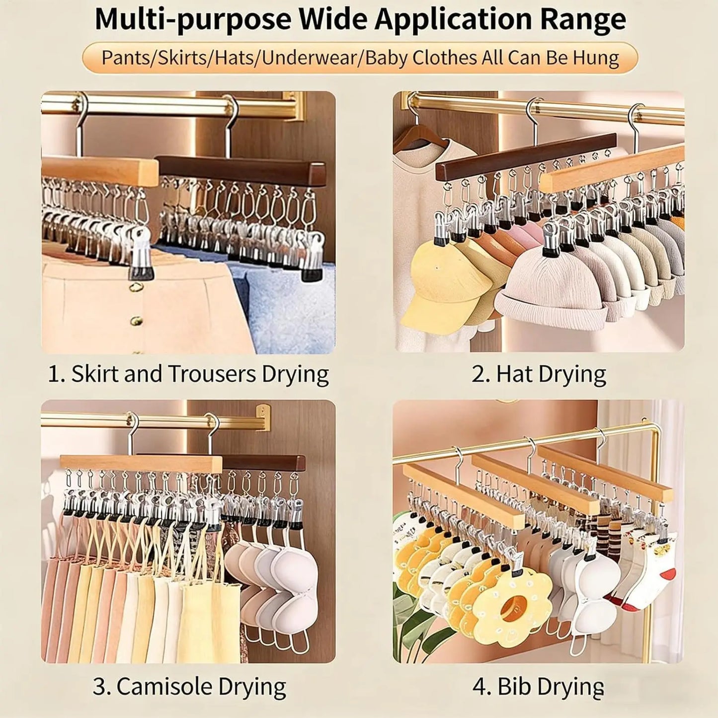 Orrivoart Wood Pants Hangers with 12 Clips | Space-Saving Wardrobe Organizer | Multi-Purpose Wooden Storage Rack for Jeans, Skirts & Hats