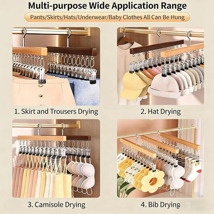 Orrivoart Wood Pants Hangers with 12 Clips | Space-Saving Wardrobe Organizer | Multi-Purpose Wooden Storage Rack for Jeans, Skirts & Hats