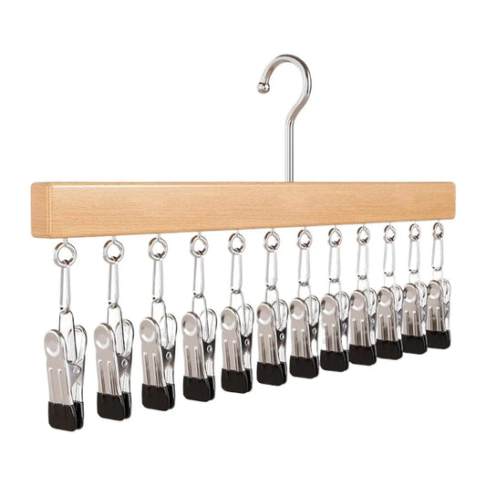 Wood Clothes Hanger Organizer with 12 Hanging Metal Clips