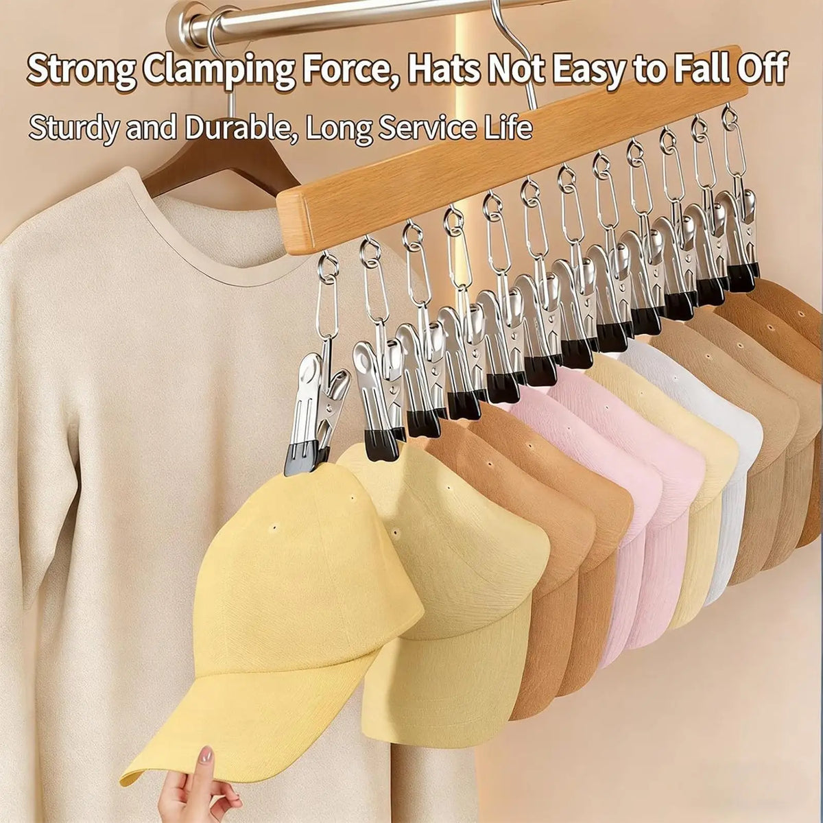 Wood Clothes Hanger Organizer with 12 Hanging Metal Clips
