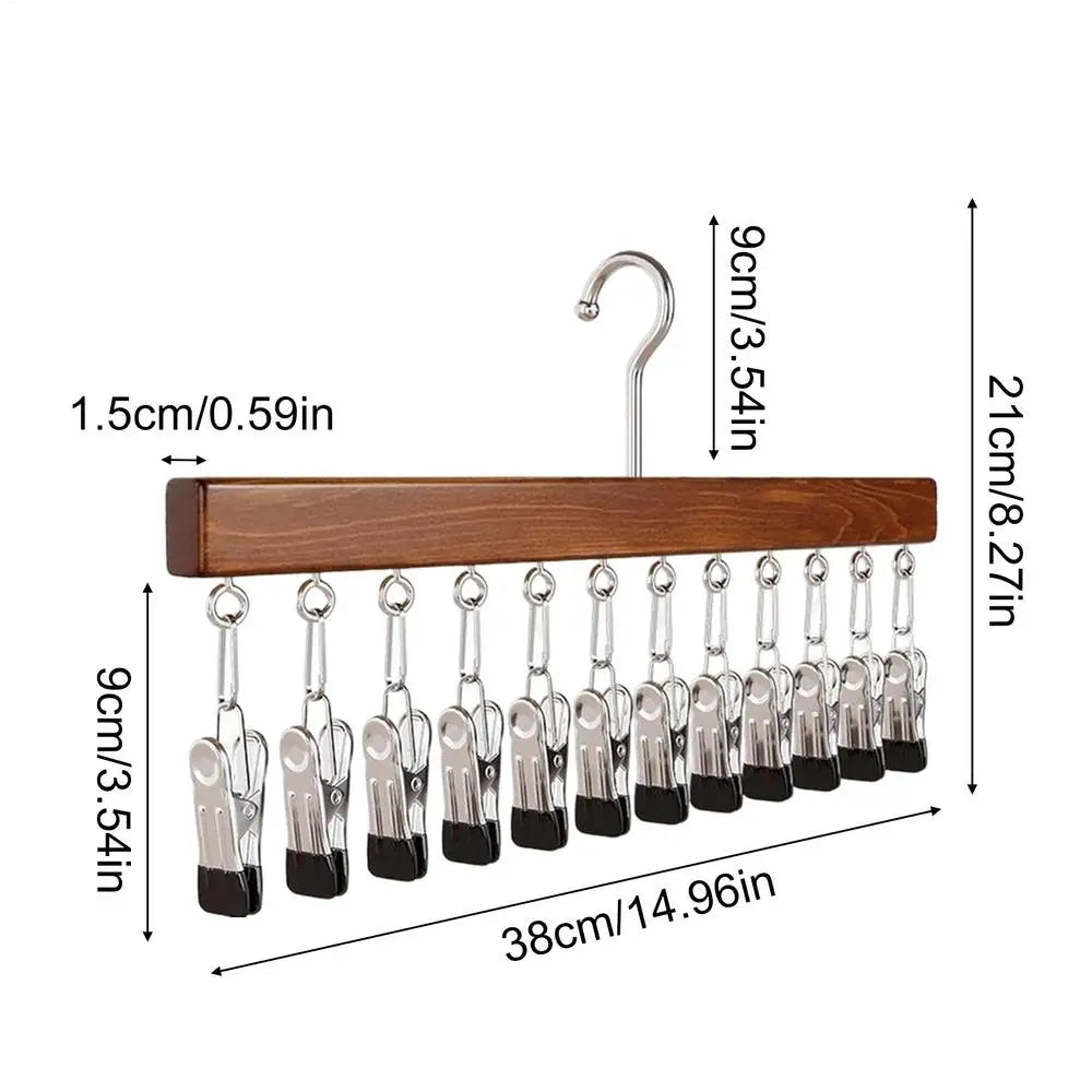 Orrivoart Wood Pants Hangers with 12 Clips | Space-Saving Wardrobe Organizer | Multi-Purpose Wooden Storage Rack for Jeans, Skirts & Hats