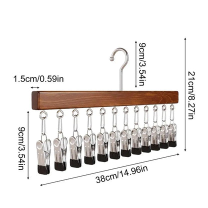 Orrivoart Wood Pants Hangers with 12 Clips | Space-Saving Wardrobe Organizer | Multi-Purpose Wooden Storage Rack for Jeans, Skirts & Hats
