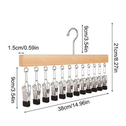 Orrivoart Wood Pants Hangers with 12 Clips | Space-Saving Wardrobe Organizer | Multi-Purpose Wooden Storage Rack for Jeans, Skirts & Hats