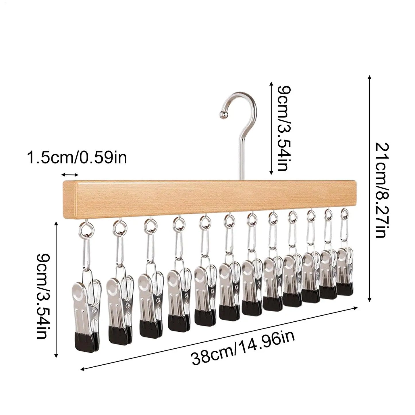 Orrivoart Wood Pants Hangers with 12 Clips | Space-Saving Wardrobe Organizer | Multi-Purpose Wooden Storage Rack for Jeans, Skirts & Hats