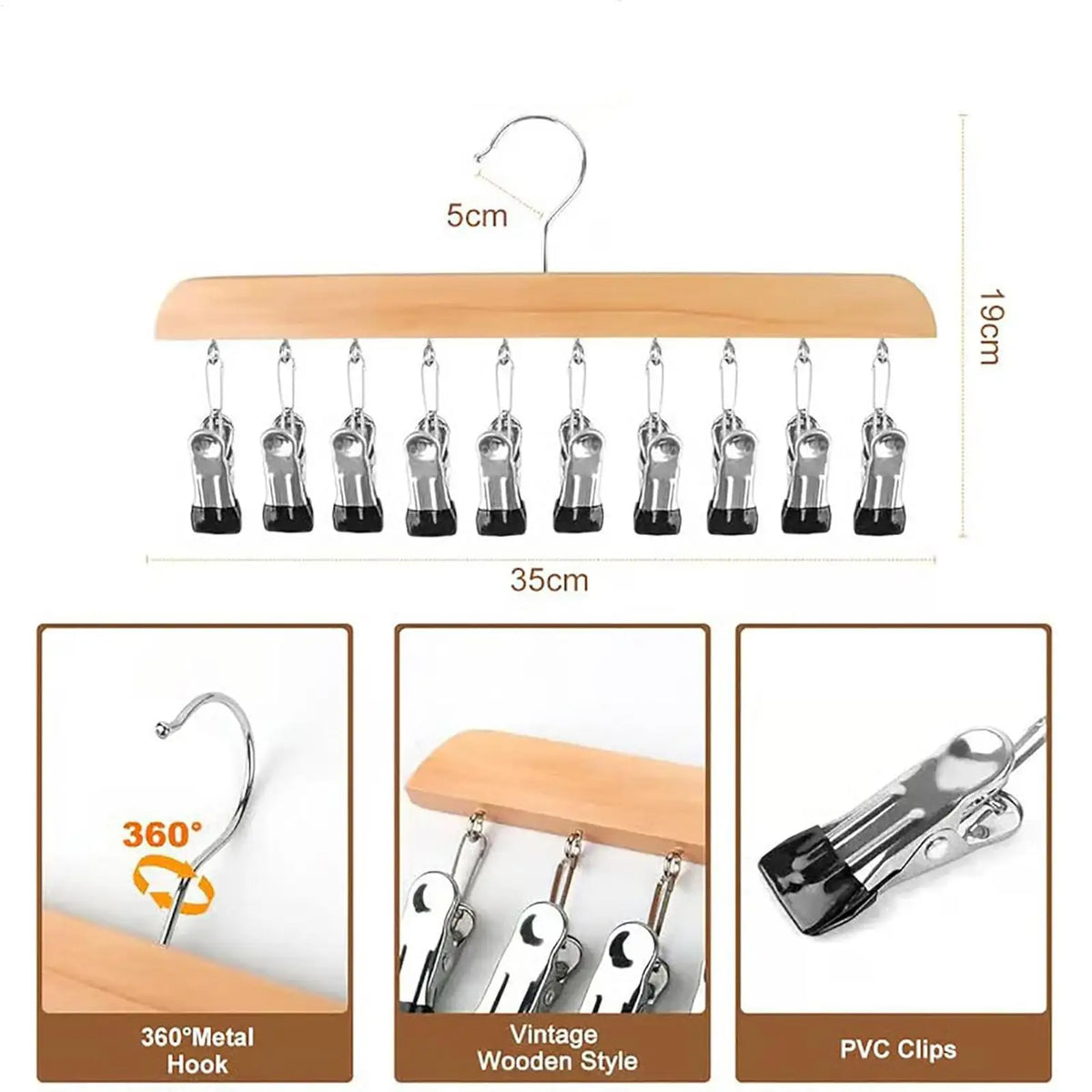 Wood Clothes Hanger Organizer with 12 Hanging Metal Clips