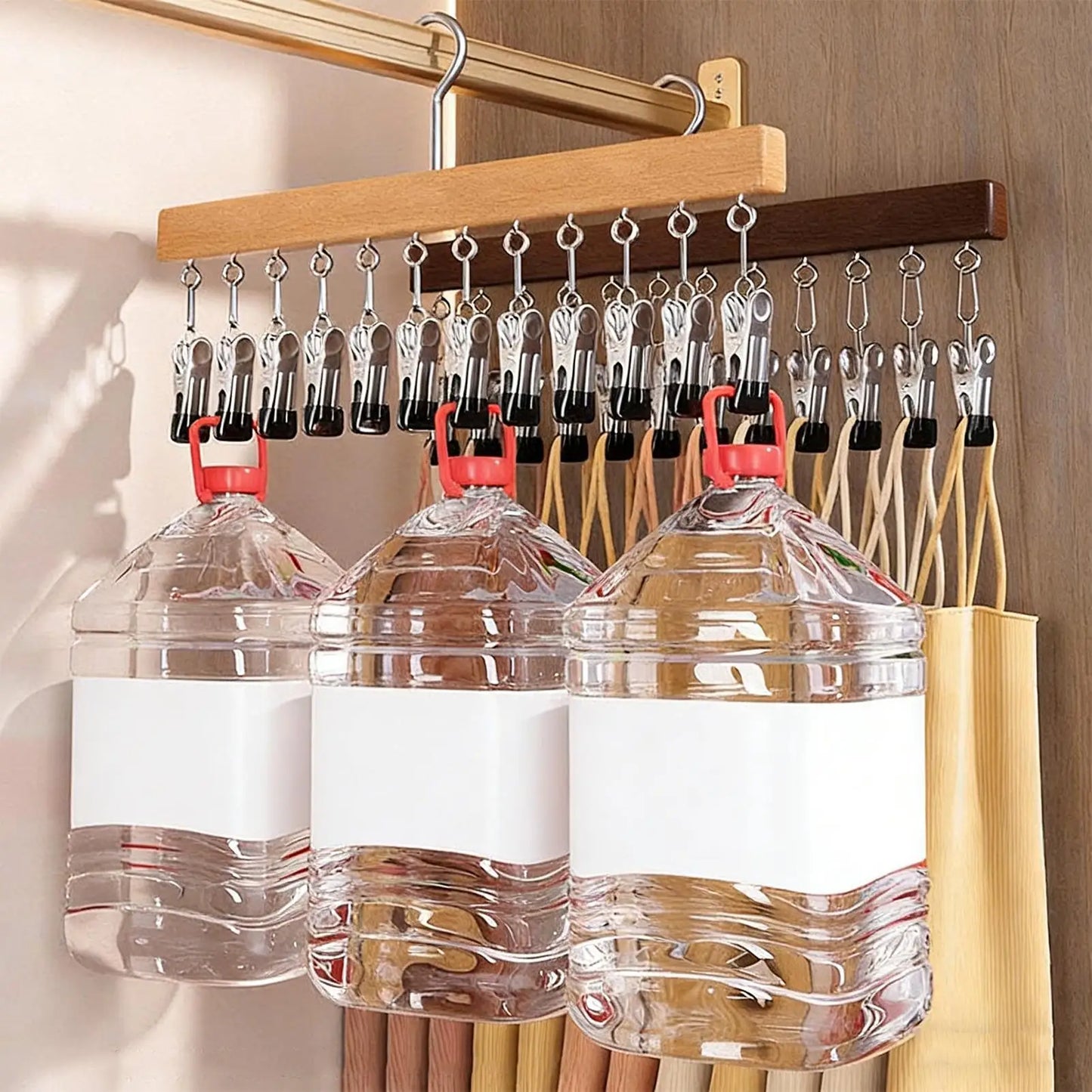 Orrivoart Wood Pants Hangers with 12 Clips | Space-Saving Wardrobe Organizer | Multi-Purpose Wooden Storage Rack for Jeans, Skirts & Hats