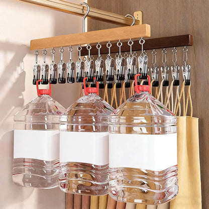 Orrivoart Wood Pants Hangers with 12 Clips | Space-Saving Wardrobe Organizer | Multi-Purpose Wooden Storage Rack for Jeans, Skirts & Hats