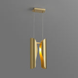Minimalist sculptural brass pendant light with a unique curved H-shape design.