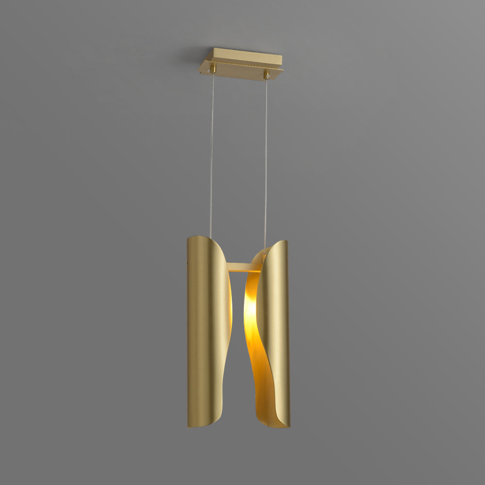 Minimalist sculptural brass pendant light with a unique curved H-shape design.