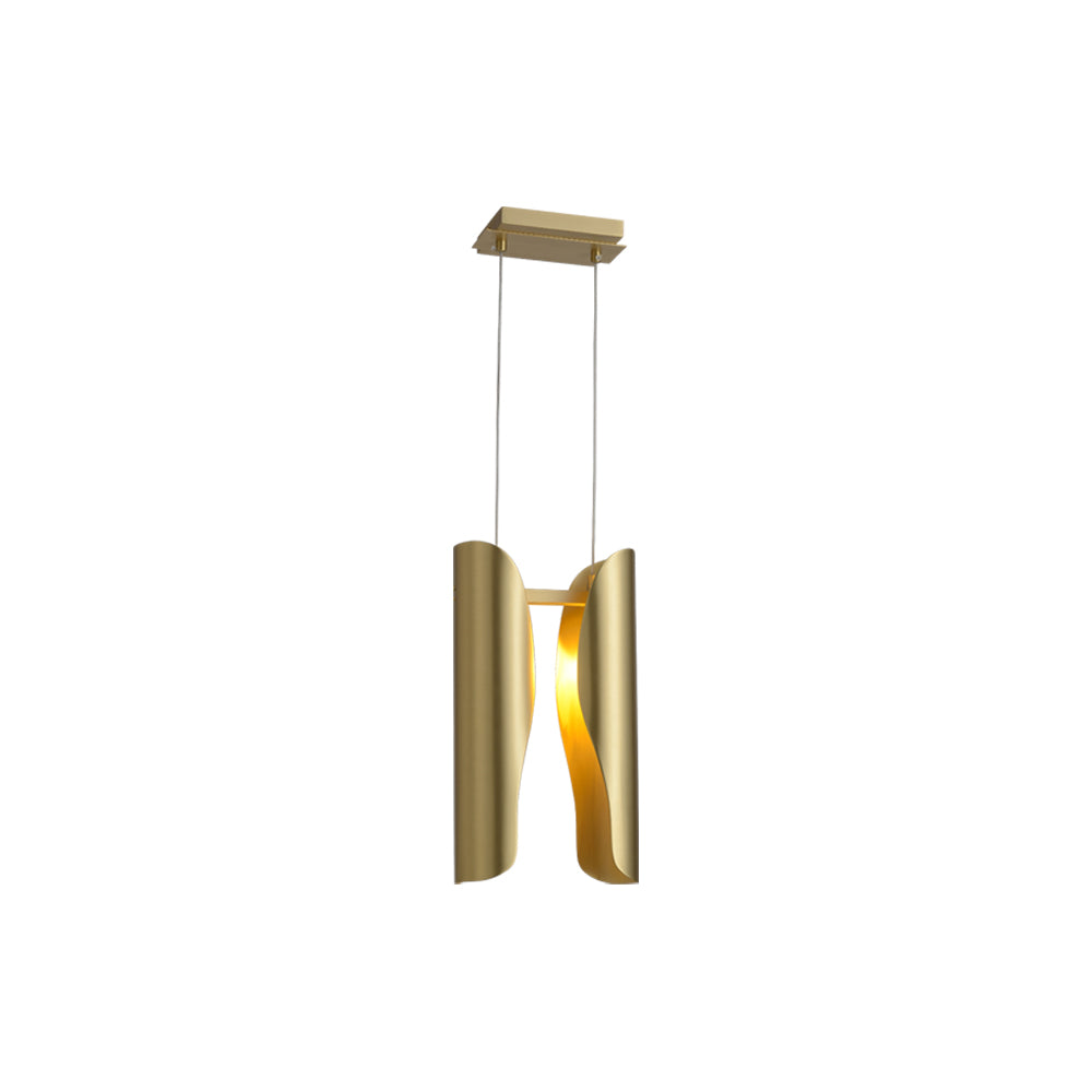 Sculptural H-Shape Curved Brushed Brass LED Pendant Light for Modern Kitchen Island or Dining Room.